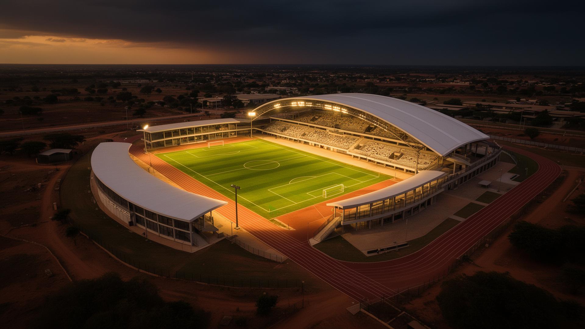 Modern African sports stadium aerial view at dusk